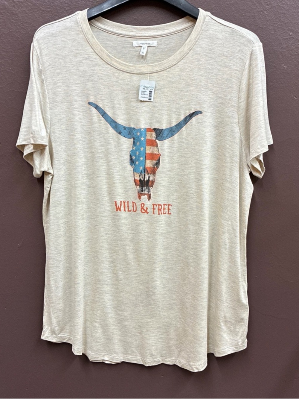 Maurices Cream Short Sleeve Tee with American Flag Longhorn Graphic